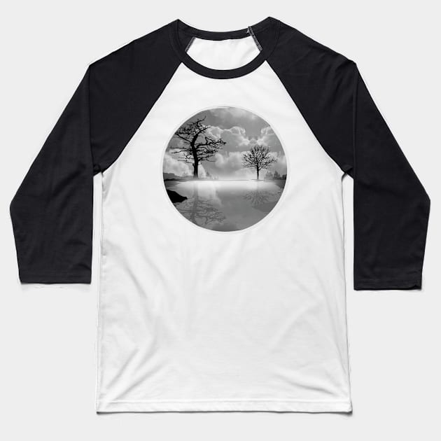 A calm lake in the fog in the morning in black and white Baseball T-Shirt by Kisho